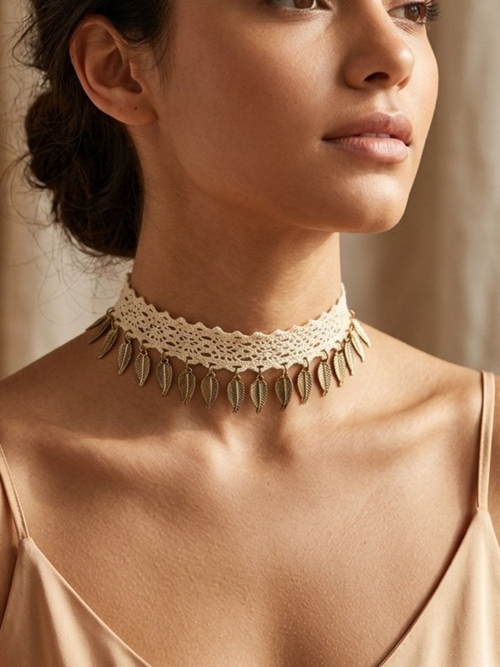 Lulus Ivory Lace Leaf Charm Choker Necklace Boho Festival Adjustable
